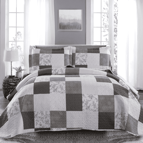 Green Essen 3 Pieces Size King Bedspread Coverlet Reversible Quilt Bedding Black White Grey Plaid Patchwork Quilt Soft Microfibers Lightweight Quilt Bedspread with Pillow Shams for All Season