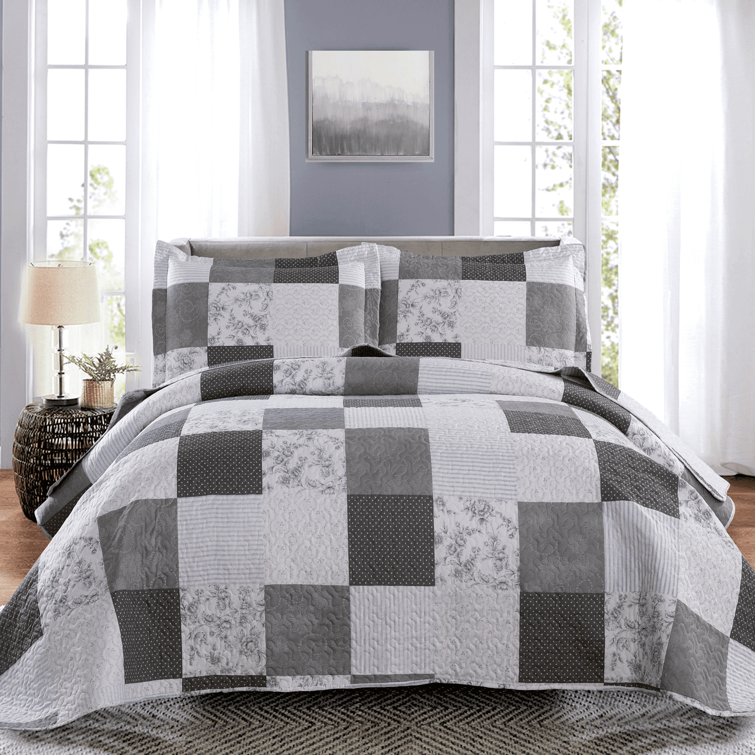 Green Essen 3 Pieces Size Queen Bedspread Coverlet Reversible Quilt Bedding Black White Grey Plaid Patchwork Quilt Soft Microfibers Lightweight Quilt Bedspread with Pillow Shams for All Season