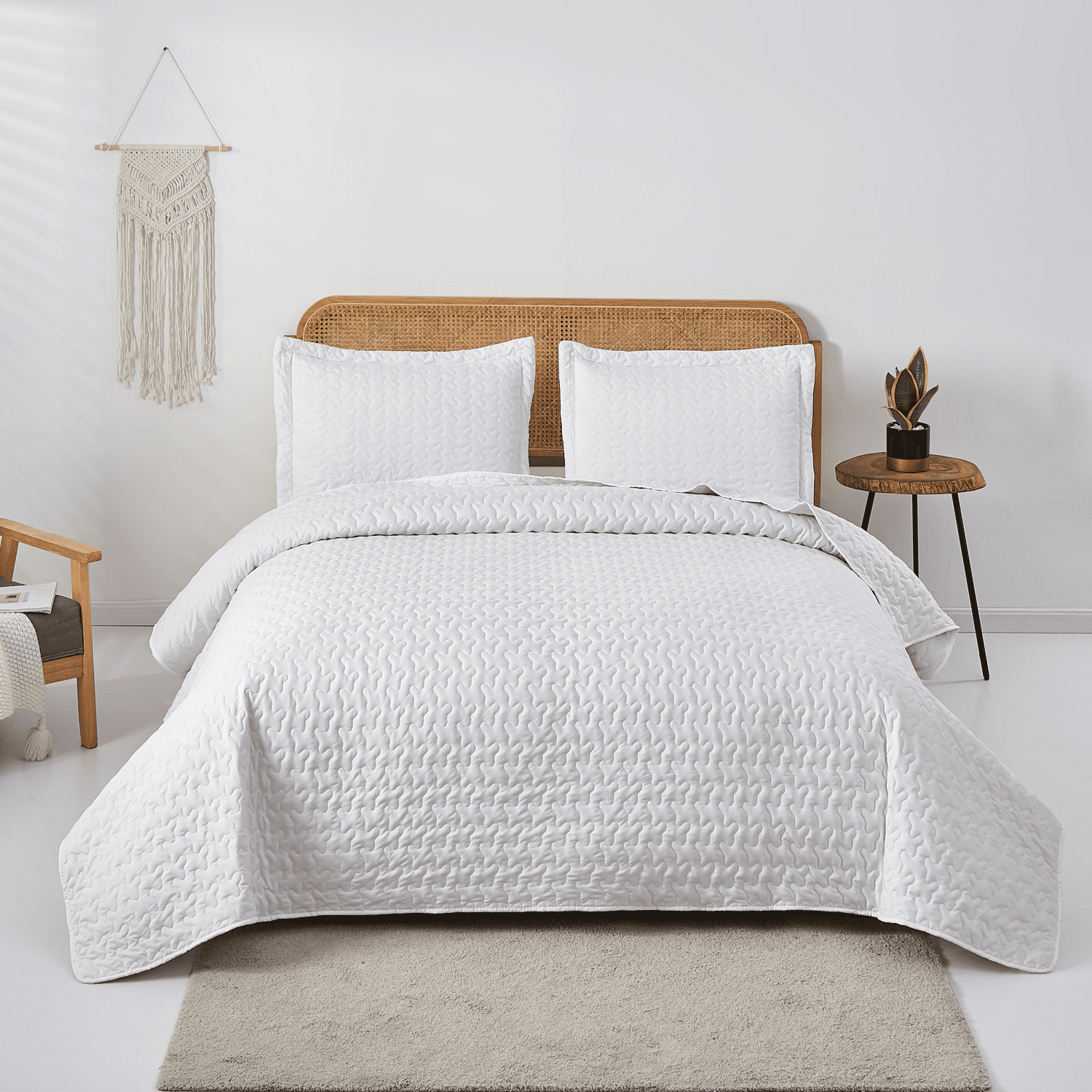 Green Essen 3 Pieces Solid Color Quilt Set King Size,Soft Microfiber Bedding Sets Lightweight Bedspread Reversible Coverlet Bed Cover(White)