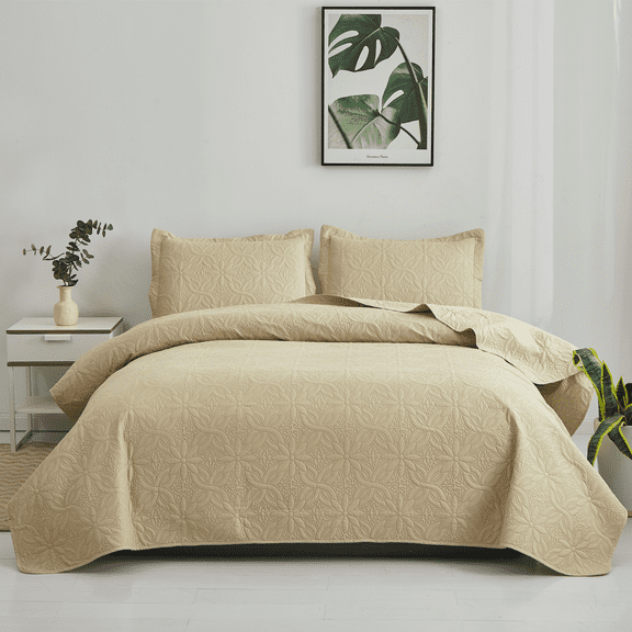 Green Essen 3 Pieces Solid Color Quilt Set Queen Size,Soft Microfiber Bedding Sets Lightweight Bedspread Reversible Coverlet Bed Cover(Beige)