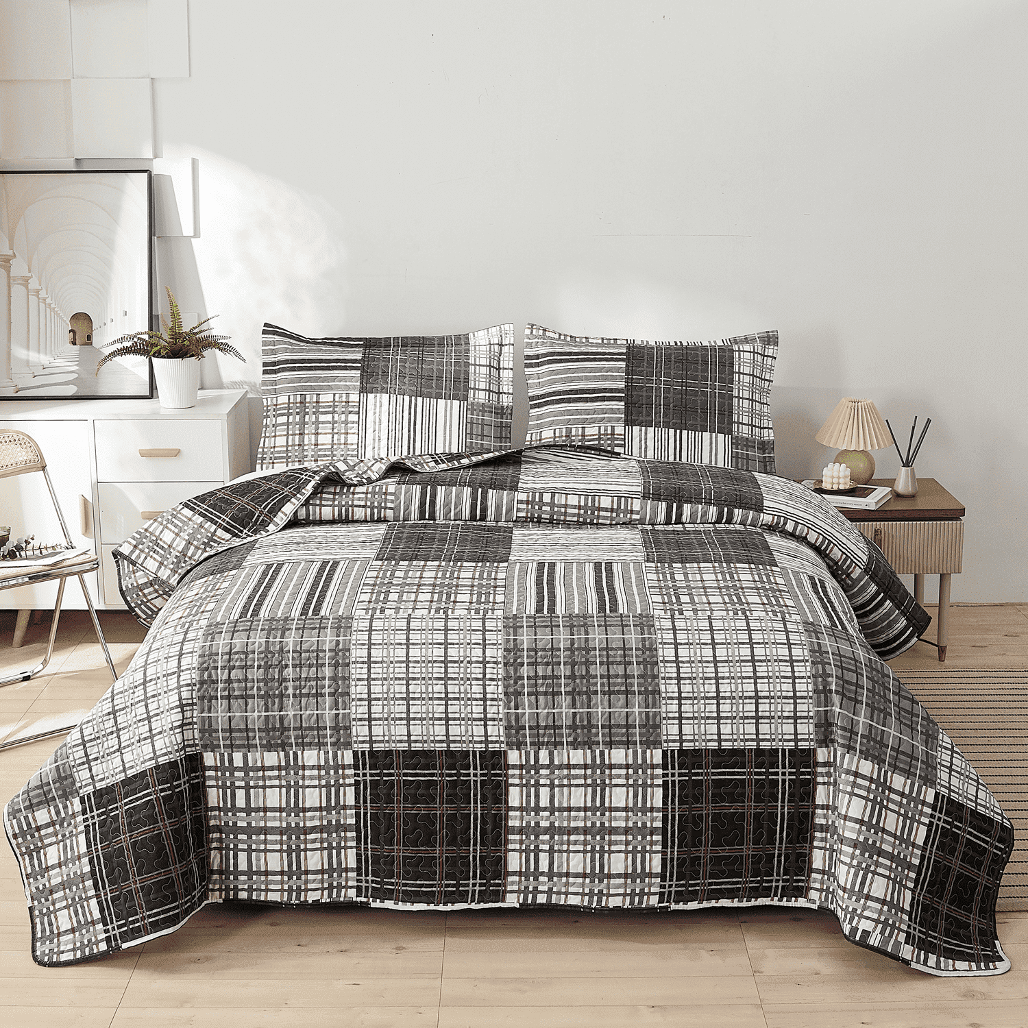 Green Essen 3 Pieces Solid Color Quilt Set Queen Size,Soft Microfiber Bedding Sets Lightweight Bedspread Reversible Coverlet Bed Cover(grid)