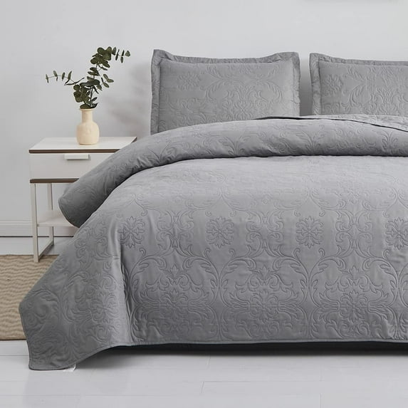 Green Essen 3 Pieces Solid Color Quilt Set Twin Size,Soft Microfiber Bedding Sets Lightweight Bedspread Reversible Coverlet Bed Cover(Gray)