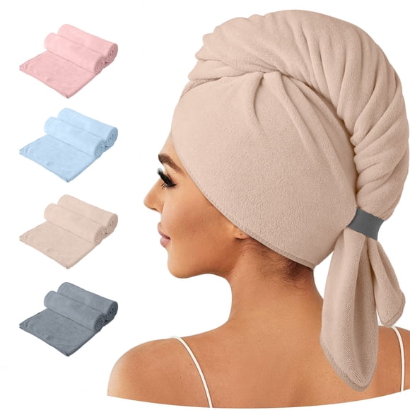 Green Essen 4 Pcs Soft Microfiber Large Hair Towel Wrap, 40 X 27 inch Highly Absorbent Fast Drying Anti Frizz Hair Towel with Elastic Strap for Women Drying Long Hair, Khaki
