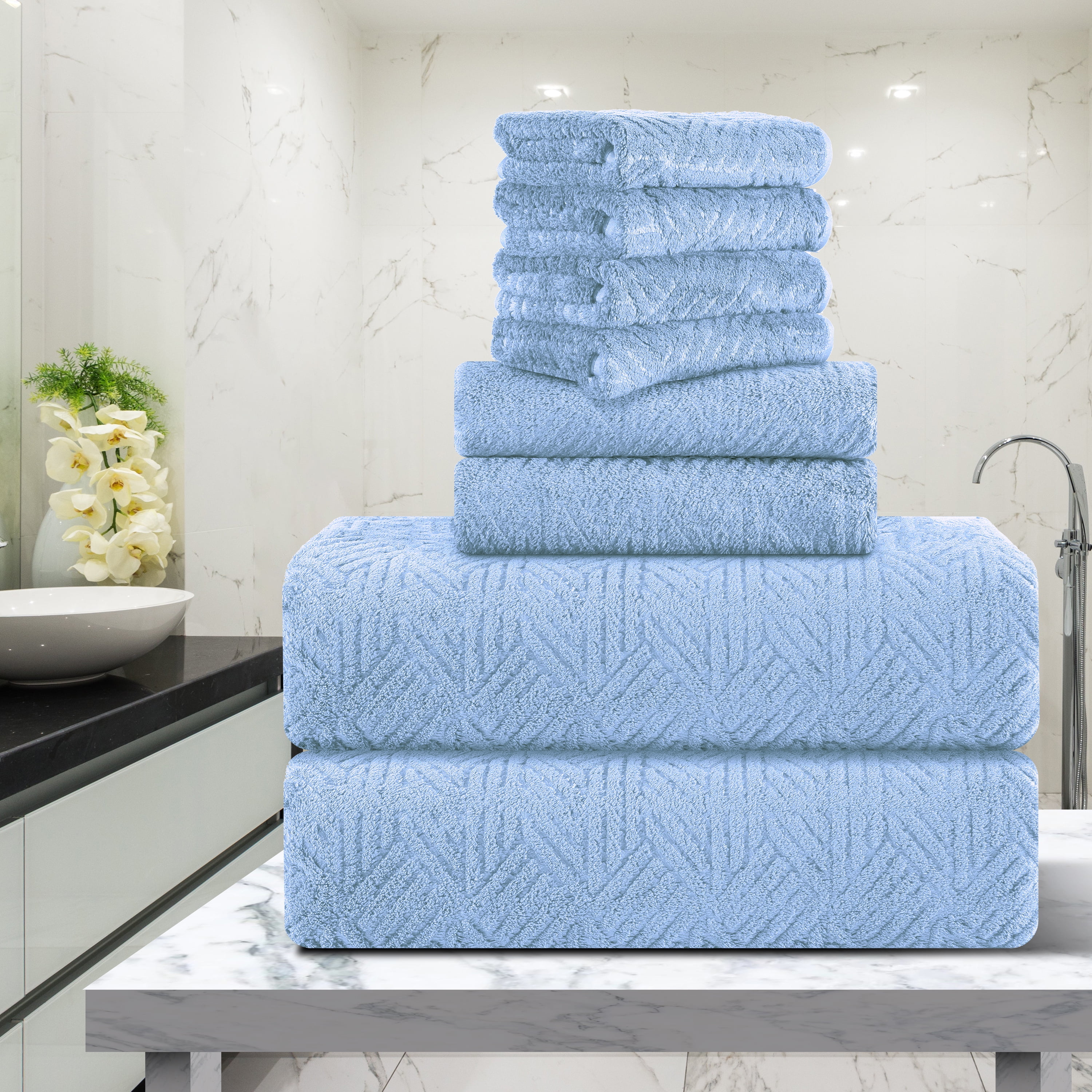 8 Piece Oversized Bath Towels Set Blue,2 Extra Large Bath Towel Sheets,2  Hand Towels and 4 Washcloths 600 GSM Highly Absorbent Quick Dry Towels Set