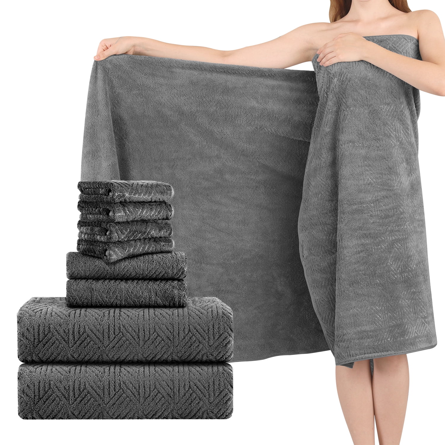Green Essen 8 Pieces Extra Large Bath Towel Set 35"x 70" Highly Absorbent Quick Dry Bath Sheets 600 GSM Bath Towel Clearance Oversized Soft Shower Towels for Bathroom Spa Hotel Gym(Dark Grey)
