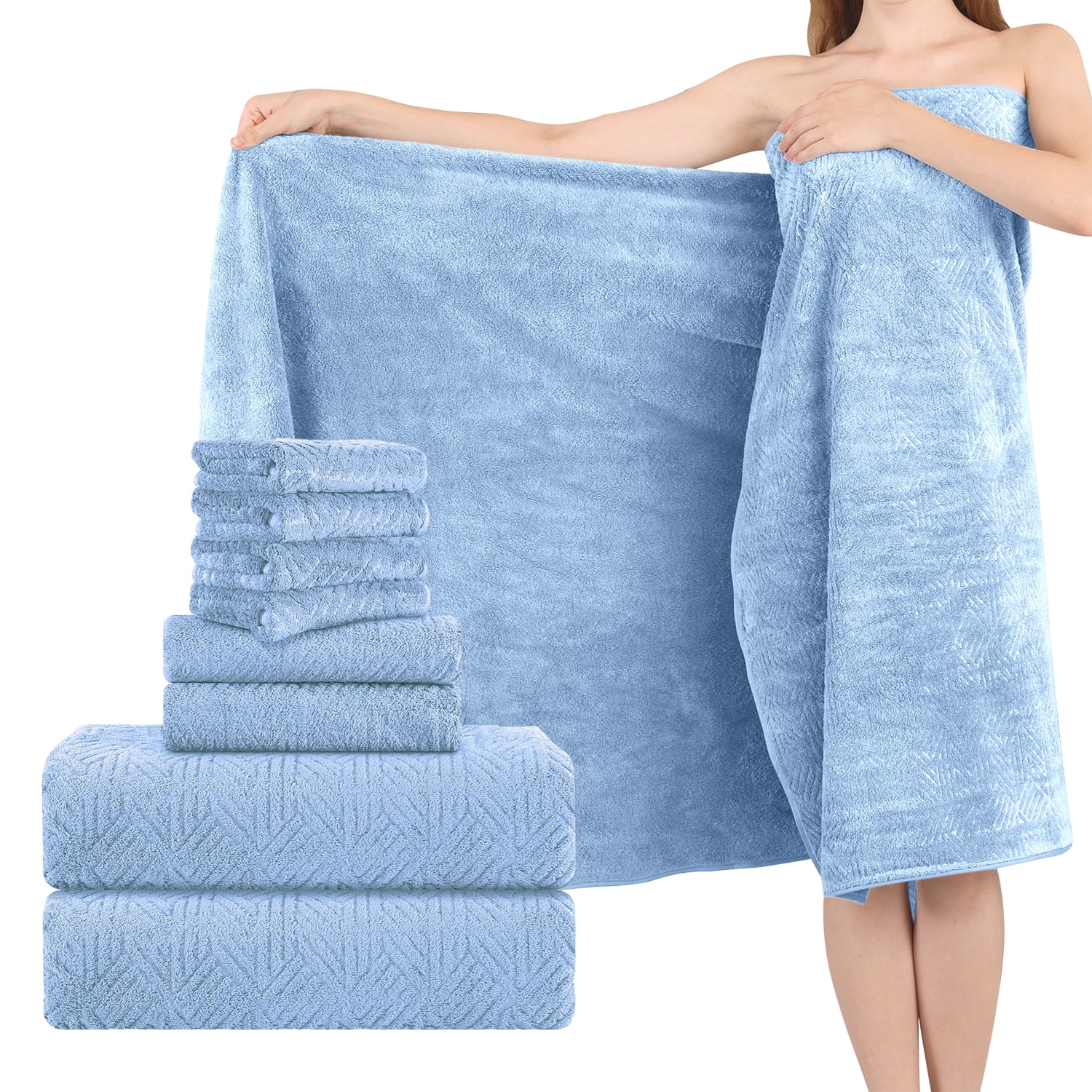 Green Essen 8 Pieces Extra Large Bath Towel Set 35"x 70" Highly Absorbent Quick Dry Bath Sheets 600 GSM Bath Towel Clearance Oversized Soft Shower Towels for Bathroom Spa Hotel Gym(Blue)