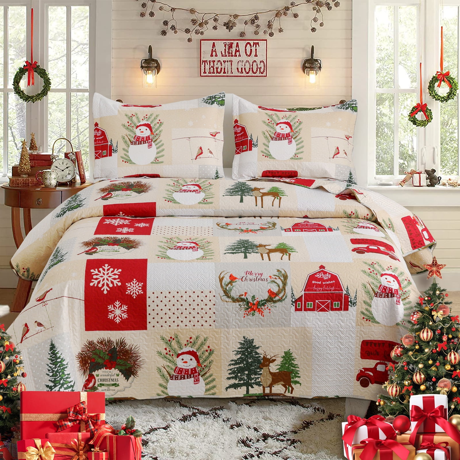 Green Essen Christmas Quilt Set Queen/Full Size Reversible Snowman Elk Deer Bedspreads Christmas
