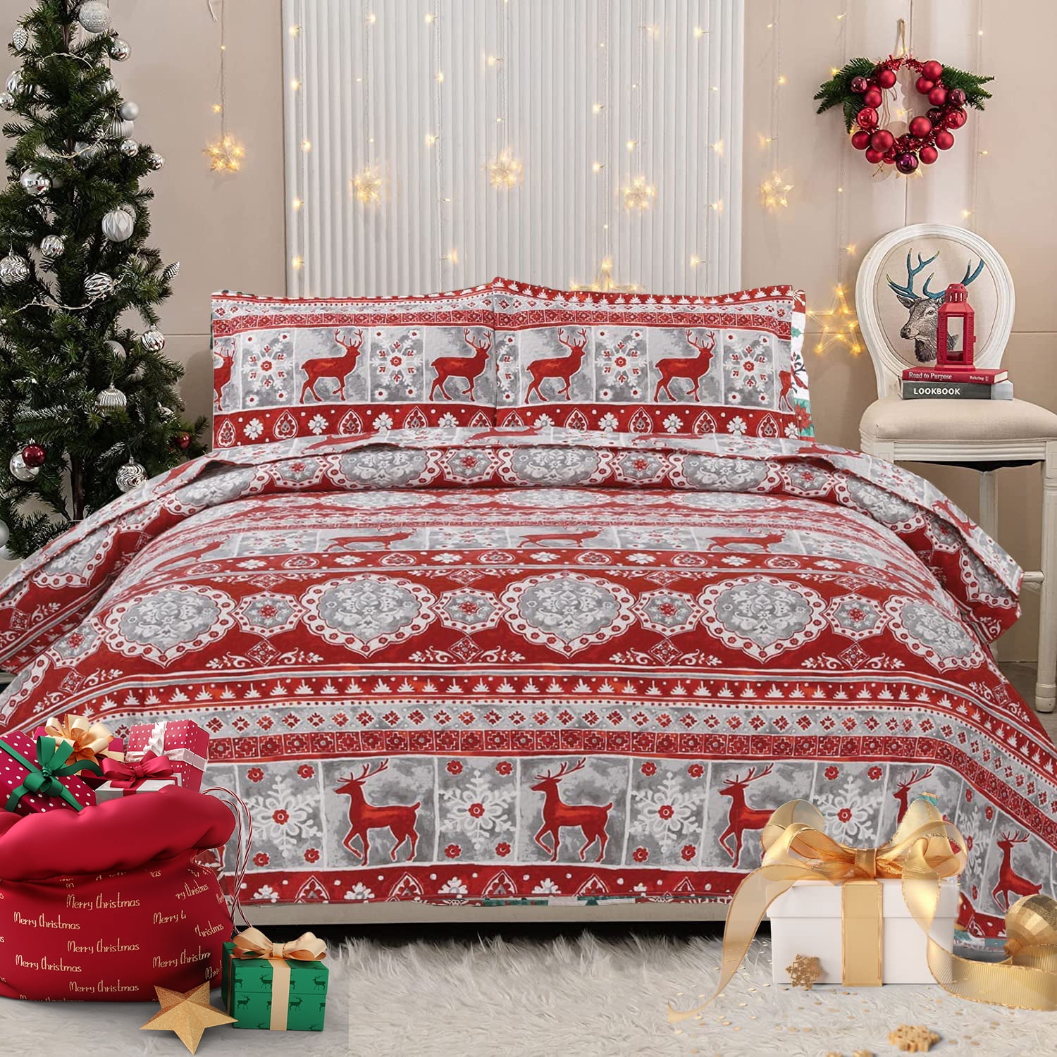 Green Essen Christmas Quilt Set Queen Size Bedspread Red Bedding Rustic Deer Quilt Microfiber Reversible Coverlet for Home Decor