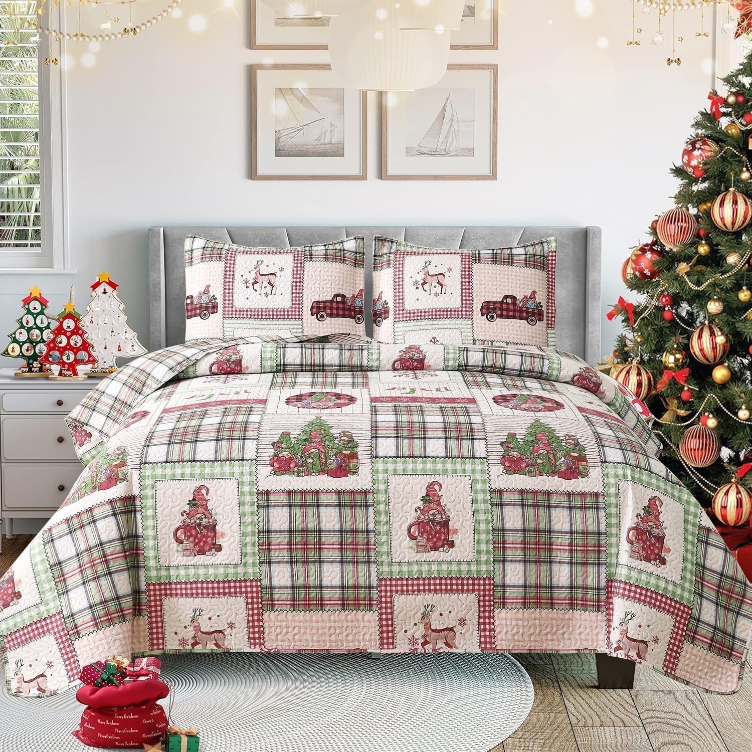 Green Essen Christmas Quilts King Christmas Tree Bedspread Lightweight Snowlake Coverlet Festive Bedding Plaid Home Decor