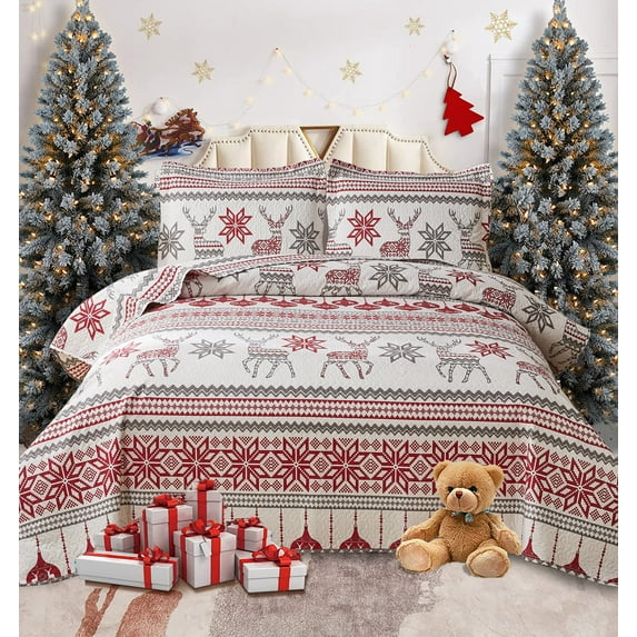 Green Essen Christmas Quilts Queen/FUll Size Reindeer Xmas Bedspread Snowflake Bedding Stripe Coverlet Red White Lanterns Christmas Decor