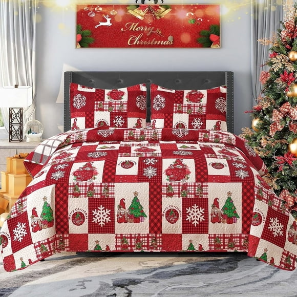 Green Essen Christmas Quilts Queen/Full Christmas Tree Bedspread Lightweight Coverlet Festive Bedding Plaid Home Decor