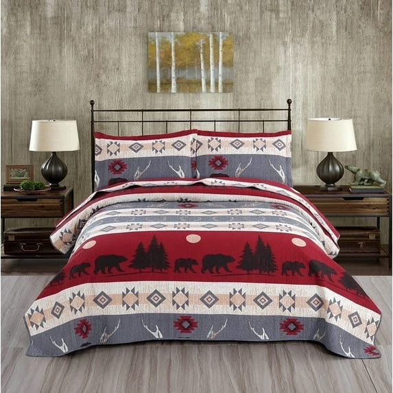 Green Essen Lodge Bedspread King Size Rustic Cabin Quilts Red Black Bear Coverlet Animal Bed Cover