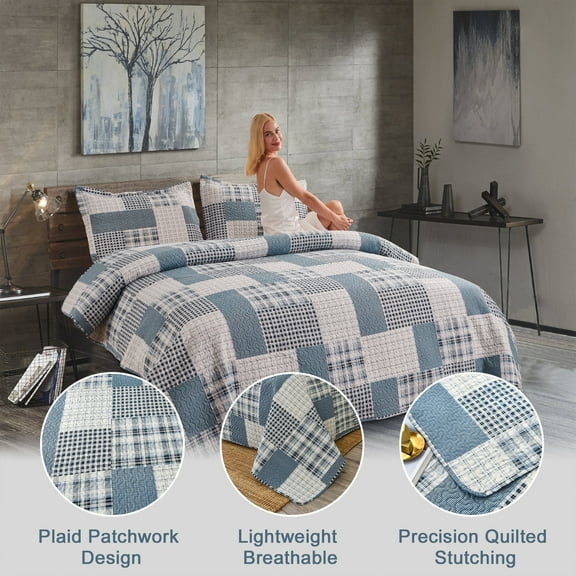 Green Essen Plaid Patchwork Quilt Set King Size Buffalo Plaid Quilt Patchwork Quilt Bedspread Lightweight Coverlet Reversible Bedding Set with Pillow Shams(Blue White)