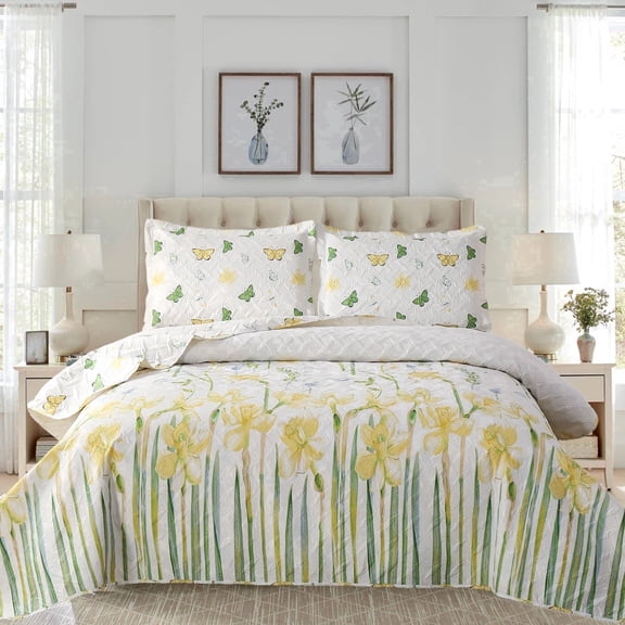 Green Essen Queen Bedspread Yellow Floral Quilt Green Summer Bedding Microfiber Lightweight Coverlet(90"*90")