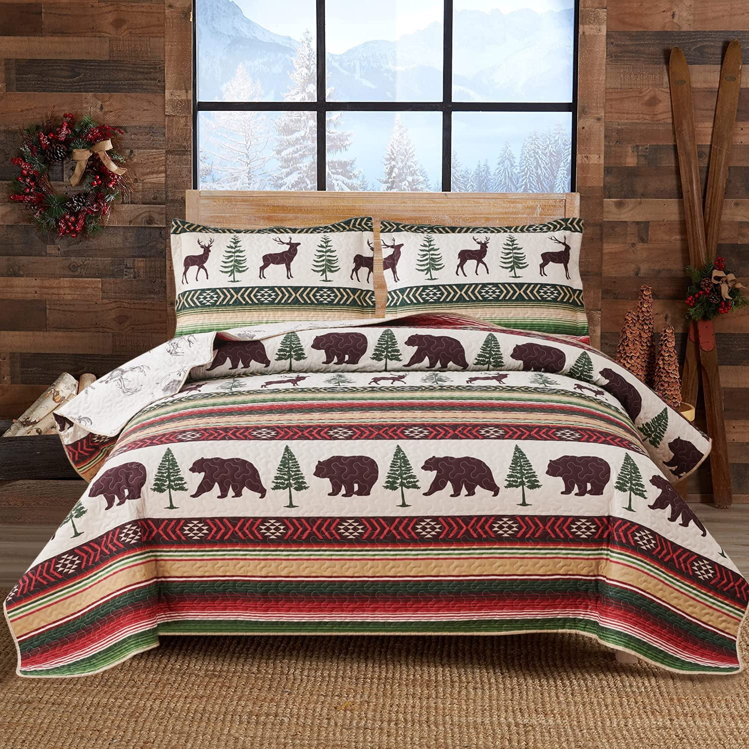 Green Essen Rustic Moose Bear Bedding Quilt Sets King Size 3 Pcs Yellow