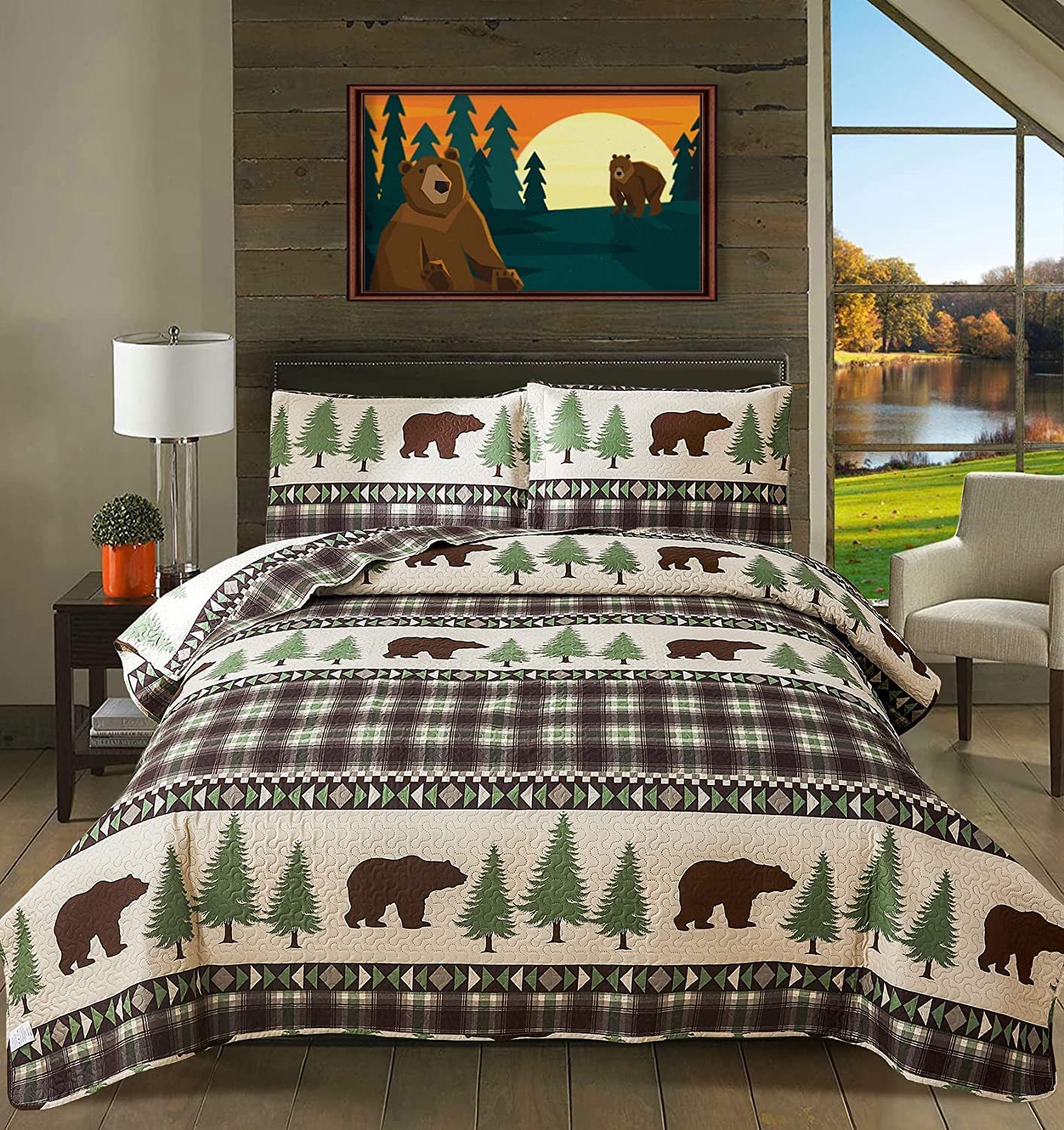 MarCielo 3 Piece Christmas Quilt Set Rustic Lodge Deer Quilt Quilted ...