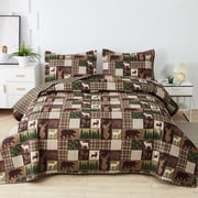 Green Essen Rustic Quilt Sets King Size Moose Bear Bedding Reversible Microfiber Bedspread Plaid Coverlet Cabin Decor