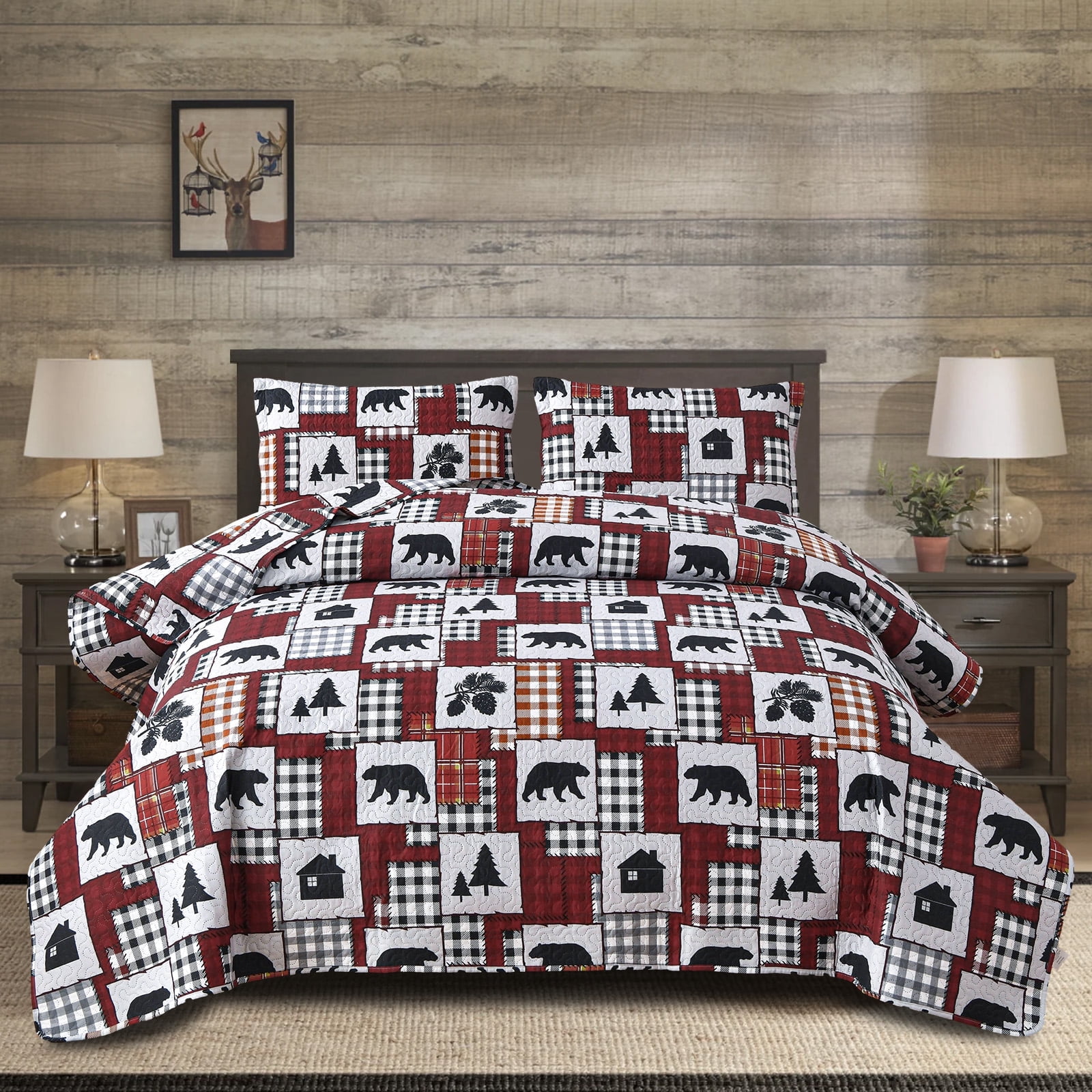 Green Essen Queen Size Rustic Quilt Set - Reversible, Moose Bear Design, Microfiber Bedspread ...