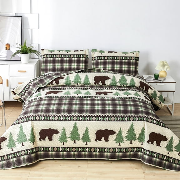 Green Essen Rustic Quilt Sets Queen/Full Size Lodge Bedding Set Reversible Microfiber Moose Bear Bedspread Plaid Coverlet Cabin Decor, 1 Quilt & 2 Pillow Shams
