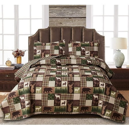 Green Essen Rustic Quilt Sets Queen/Full Size Moose Bear Bedding Reversible Microfiber Bedspread Plaid Coverlet Cabin Decor