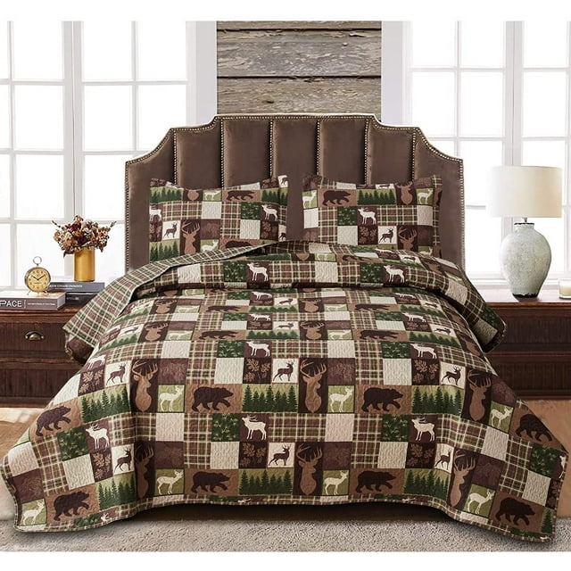 Green Essen Rustic Lodge Quilt Set, Queen/King, Reversible Moose Bear
