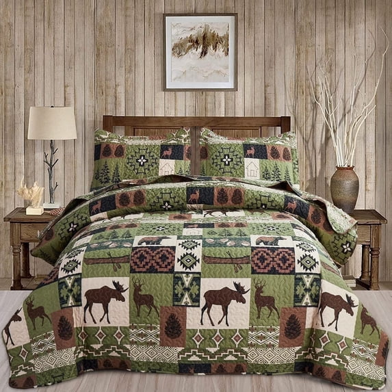 Green Essen Rustic Quilt Sets Queen/Full Size Reversible Lodge Bedding Set Country Quilt Sets Microfiber Moose Bear Bedspread Patchwork Coverlet Cabin Decor