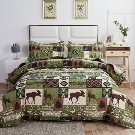 Green Essen Rustic Quilt Sets Queen/Full Size Reversible Lodge Bedding Set Country Quilt Sets Microfiber Moose Bear Bedspread Patchwork Coverlet Cabin Decor