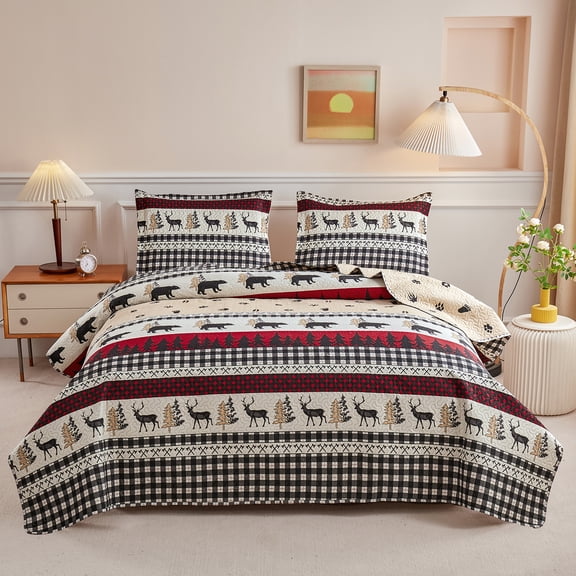 Green Essen Rustic Quilt Sets Queen/Full Size Reversible Lodge Bedding Set Microfiber Moose Bear Bedspread Lightweight Coverlet Cabin Decor