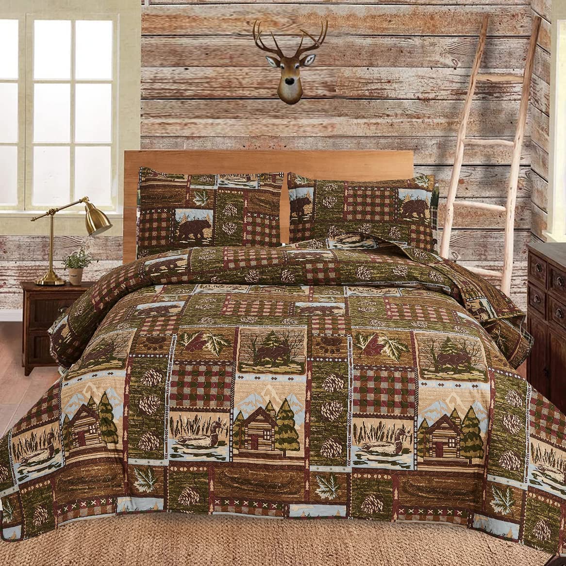 Green Essen Rustic Quilt Sets Queen/Full Size Reversible Lodge Bedding