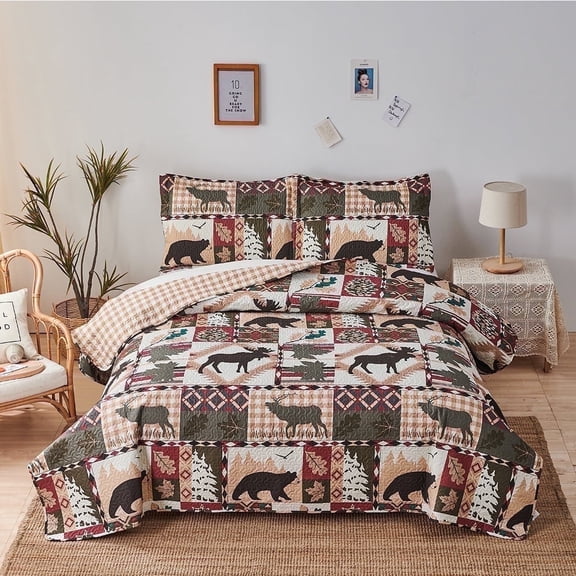 Green Essen Rustic Quilt Sets Twin Size Moose Bear Bedding Reversible Microfiber Bedspread Plaid Coverlet Cabin Decor, 1 Quilt & 2 Pillow Shams