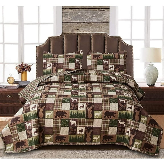 Green Essen Rustic Quilt Sets Twin Size Moose Bear Bedding Reversible Microfiber Bedspread Plaid Coverlet Cabin Decor