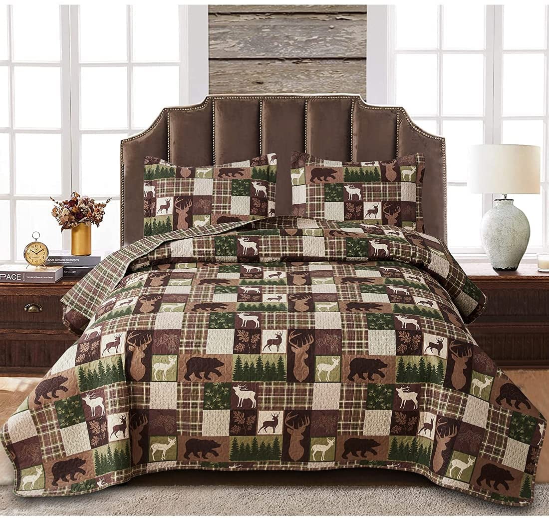 Essen Rustic Quilt Set, Twin Size Green, Moose Bear Bedding, Microfiber, Plaid Coverlet, Cabin