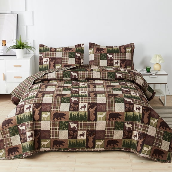 Green Essen Rustic Quilt Sets Twin Size Moose Bear Bedding Reversible Microfiber Bedspread Plaid Coverlet Cabin Decor