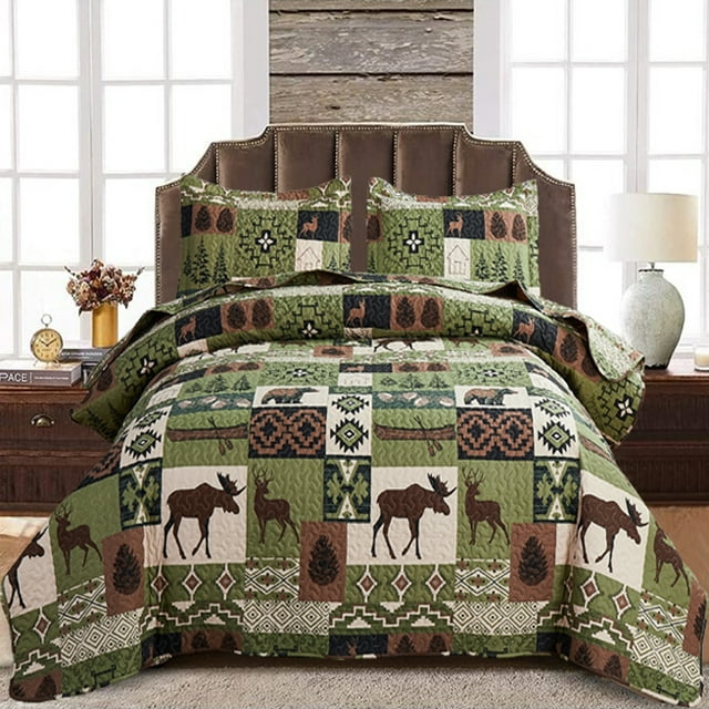 Green Essen Rustic Quilt Sets Twin Size Reversible Lodge Bedding Set Country Quilt Sets ...