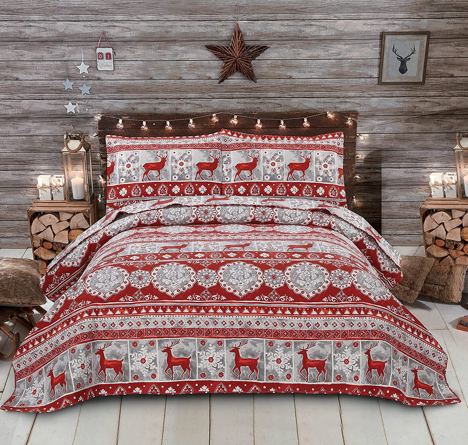 Green Essen Twin Bedspread Red Bedding Rustic Deer Quilt Microfiber