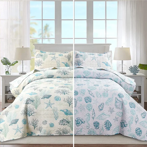 Green Essen Twin Size Coastal Bedding 3 Pieces Quilt Set White Lightweight Bedspread Microfiber Reversible Coverlet Green Grass Conch Quilt (96"*108")
