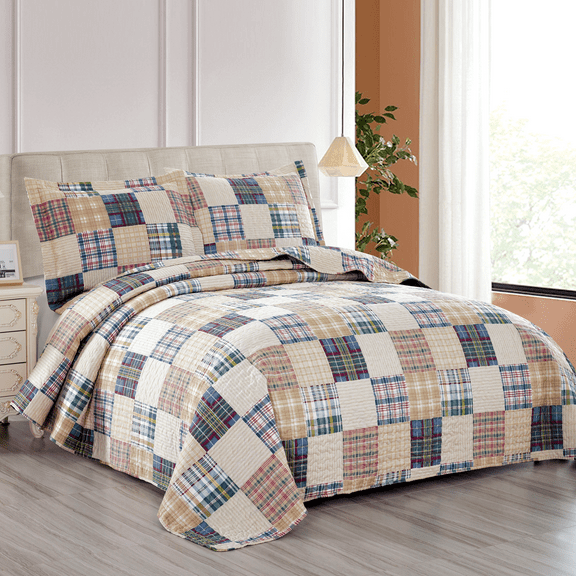 Green Essen Twin size Bedspread Bedding Lightweight Quilt Microfiber Reversible Coverlet Beige Plaid Quilt