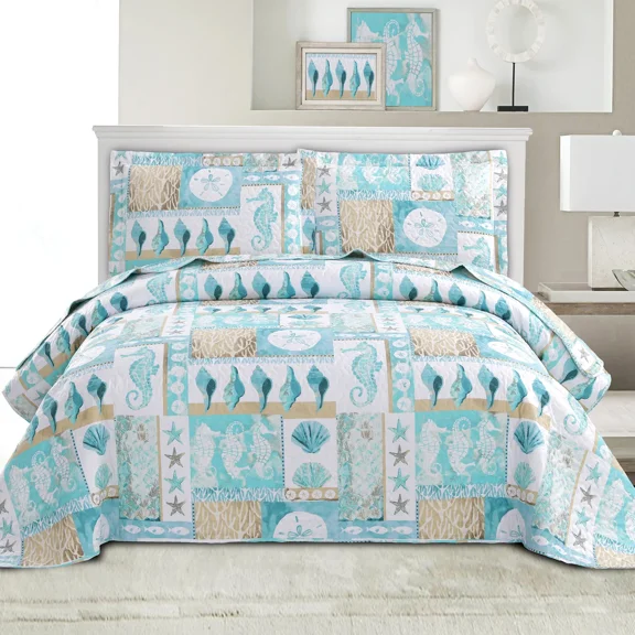 Green Essen Beach Bedding King Size, 3 Piece Lightweight Bedspread Quilt Set Microfiber Reversible Coverlet Blue Shell Seahorse Quilt (96"*108")
