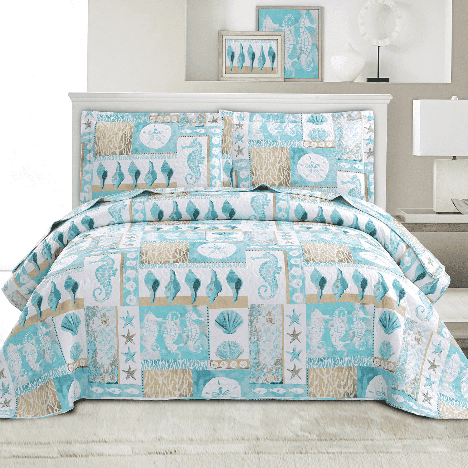 Shell Bedspread Green Essen Twin Size Quilt, Reversible Lightweight Bedspread, Blue ...