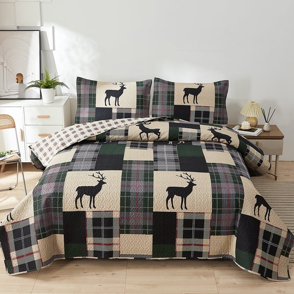 Green Esssen Reversible Moose Quilt Set Queen/Full Size Green Black Plaid Bedspread Deer Bedding Lodge Coverlet