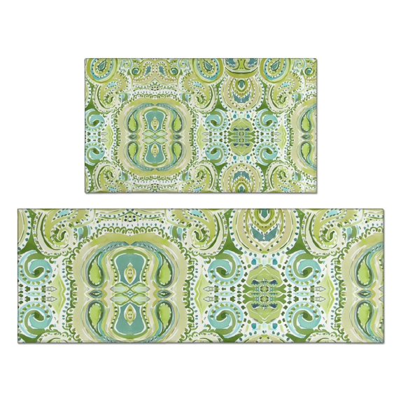 Green Ethnic Paisley Pattern Kitchen Rugs Sets Of 2,Anti Fatigue Kitchen Mat Rugs Non Slip Washable,Decorative Kitchen Floor Mats for Kitchen,Sink,Laundry,17"x30"+17"x47"