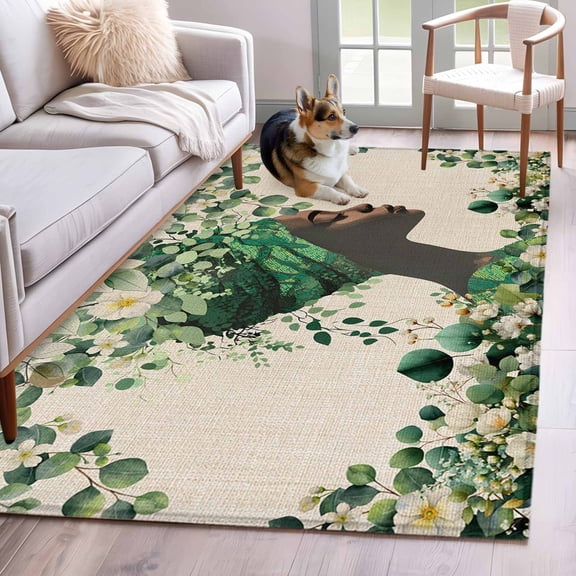 Green Eucalyptus African Women Kitchen Runner Rug 2.7x5 Washable Runners for Hallway Non Slip Spring Leaves Botanical Large Area Rug Indoor Floor Carpet for Bathroom Laundry Entryway Bedroom