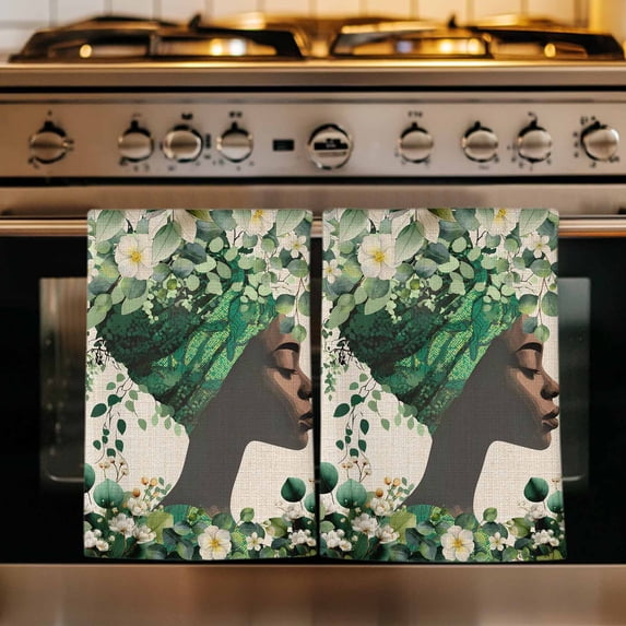 Green Eucalyptus African Women Kitchen Towels Set of 3, Spring Leaves Botanical Absorbent Dish Towels for Kitchen, Microfiber Hand Towel, Quick Drying Tea Towel for Cleaning Decorative Dishcloths