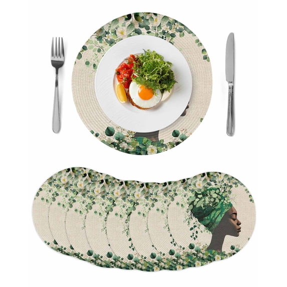 Green Eucalyptus African Women Round 13 Inch Placemats Set of 8, Spring Leaves Botanical HeatResistant Non Slip Place Mats for Dining Table, Wipeable Braided Kitchen Table Mats for Housewarming