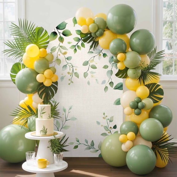 Green Eucalyptus Arch Backdrop Cover, 4FT, Leaf Retro Linen Background Farmhouse Spandex Arch Covers Double-Sided Backdrop for Wedding Birthday Party Photo Background Decoration
