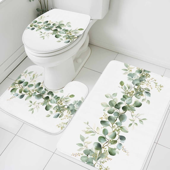 Green Eucalyptus Bathroom Rugs Set Leaves Watercolor Plant Leaf Country Non Slip Absorbent Soft Bath Mats 3 Piece Set with Bathroom Rug, U-Shaped Floor Mat, Toilet Seat Cover Small Size