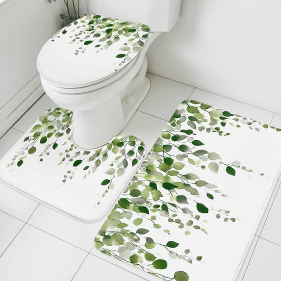 Green Eucalyptus Bathroom Rugs Set Leaves Watercolor Plants Farmhouse Non Slip Absorbent Soft Bath Mats 3 Piece Set with Bathroom Rug, U-Shaped Floor Mat, Toilet Seat Cover Small Size