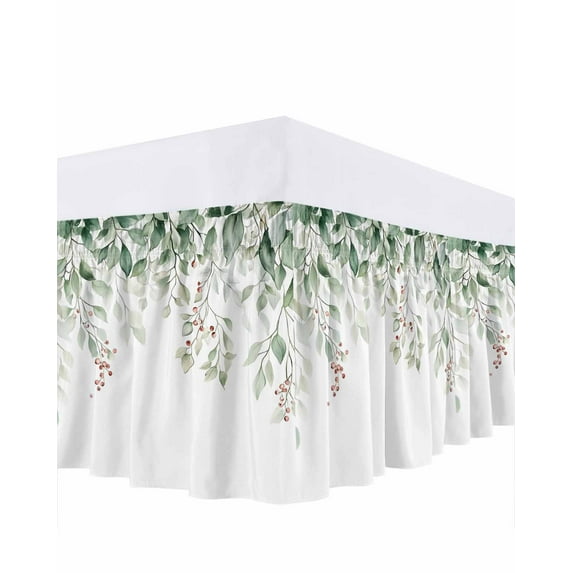 Green Eucalyptus Bed Skirt California King Size 18" Drop Leaf Red Fruit Watercolor Pastoral Plant Ruffled Wrap Around Bed Skirts Adjustable Elastic Bedskirt Dust Ruffle for California King Size Bed