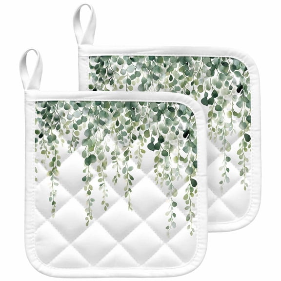 Green Eucalyptus Branches Pot Holders for Kitchen Heatproof Potholder, 2 Pack Spring Botanical Leaves Vines Hot Pads Multipurpose Oven Pads Cloth Potholders Trivet for Cooking and Baking