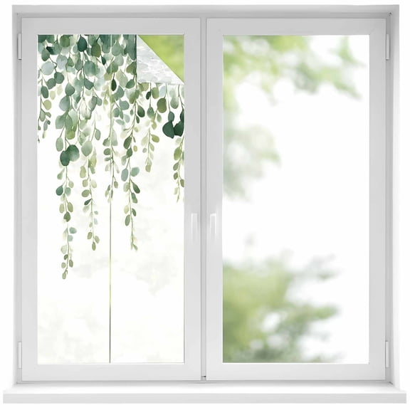 Green Eucalyptus Branches Privacy Window Film, Decorative Frosted Glass Window Film, Spring Botanical Leaves Vines Reusable Peel and Stick Static Cling for Home Bathroom Office Glass Door 17.7"x39.3"